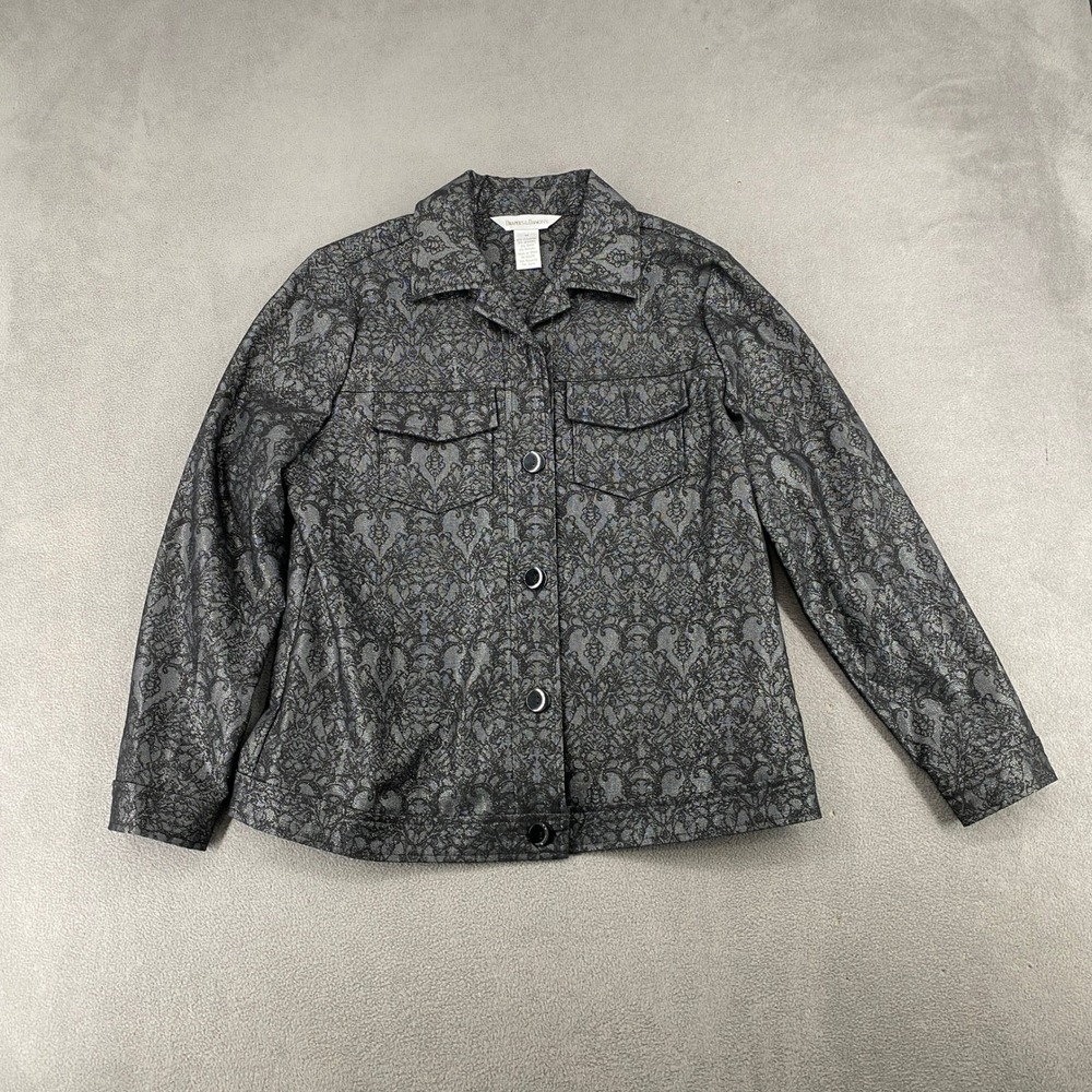 Drapers & Damons Womens M Black Silver Metallic Damask Button Front Jacket 7126